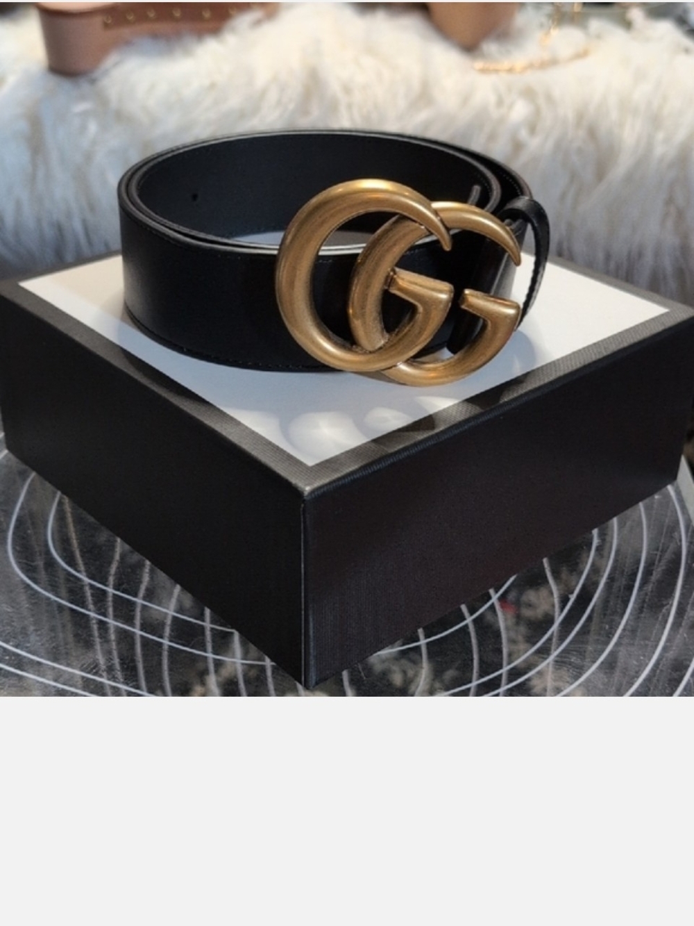 Gucci Black Leather Belt with Antique Gold Double G Buckle